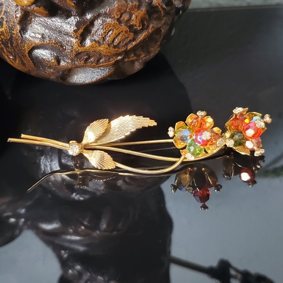 Vintage goldtone wire flowers green orange aurora borealis beads and rhinestone - Picture 3 of 10